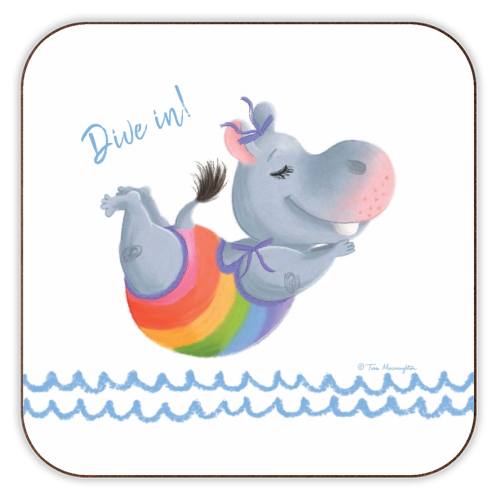 Little Rainbow Hippo Diving In - personalised beer coaster by Tina Macnaughton