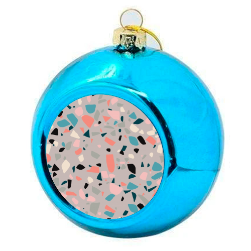 Terrazzo grey background - colourful christmas bauble by Cheryl Boland