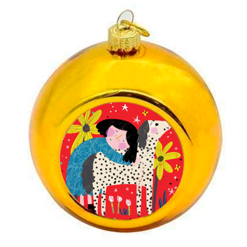 GIRL AND DOG - colourful christmas bauble by Nichola Cowdery