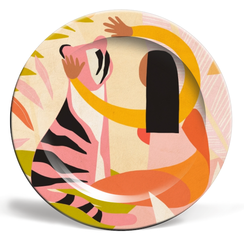 The Fearless Hug - Girl and Tiger #friendship #kindness - ceramic dinner plate by Dominique Vari