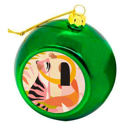 The Fearless Hug - Girl and Tiger #friendship #kindness - colourful christmas bauble by Dominique Vari