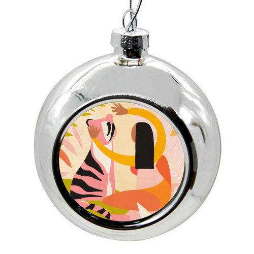 The Fearless Hug - Girl and Tiger #friendship #kindness - colourful christmas bauble by Dominique Vari