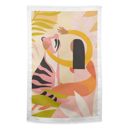 The Fearless Hug - Girl and Tiger #friendship #kindness - funny tea towel by Dominique Vari
