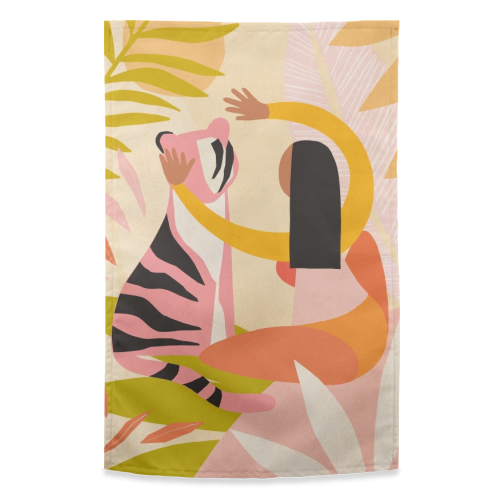 The Fearless Hug - Girl and Tiger #friendship #kindness - funny tea towel by Dominique Vari