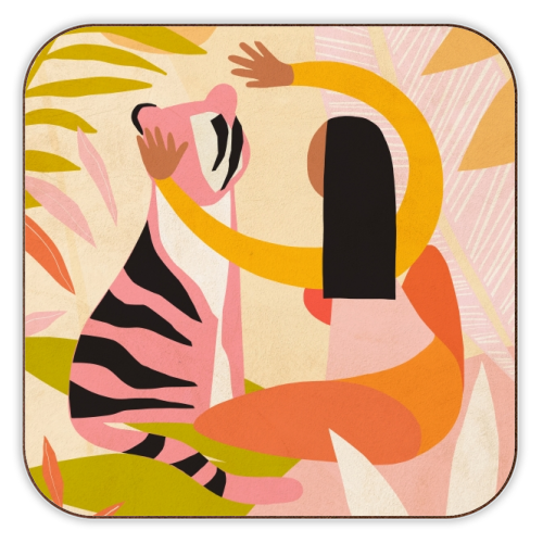 The Fearless Hug - Girl and Tiger #friendship #kindness - personalised beer coaster by Dominique Vari