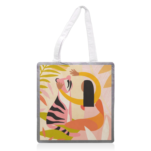 The Fearless Hug - Girl and Tiger #friendship #kindness - printed tote bag by Dominique Vari