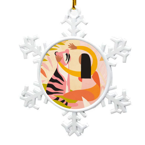 The Fearless Hug - Girl and Tiger #friendship #kindness - snowflake decoration by Dominique Vari