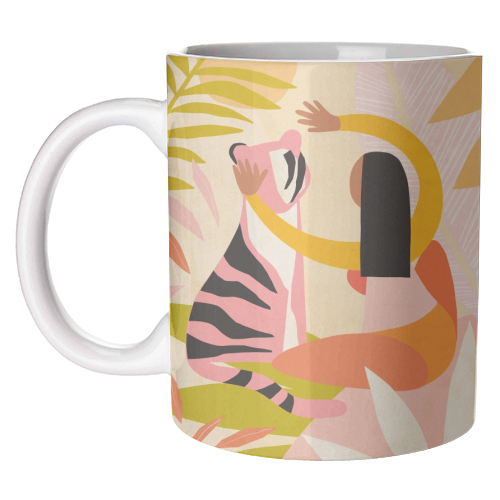The Fearless Hug - Girl and Tiger #friendship #kindness - unique mug by Dominique Vari