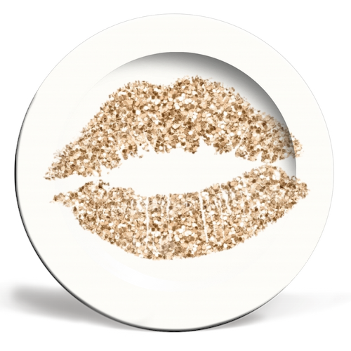 Gold glitter effect lips - ceramic dinner plate by Cheryl Boland