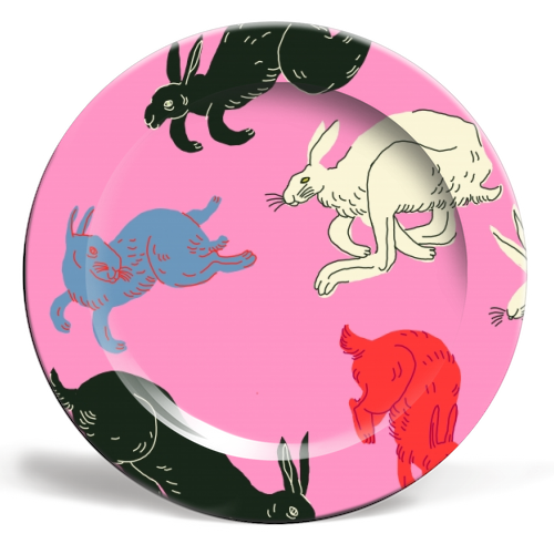 Rabbits (pink) - ceramic dinner plate by Ezra W. Smith