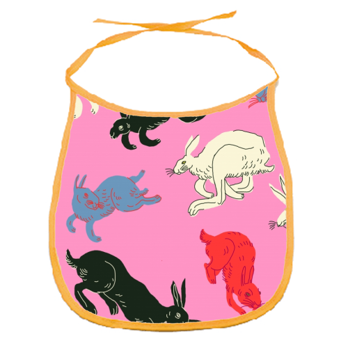 Rabbits (pink) - funny baby bib by Ezra W. Smith