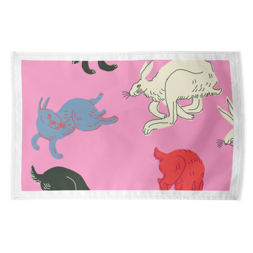 Rabbits (pink) - funny tea towel by Ezra W. Smith