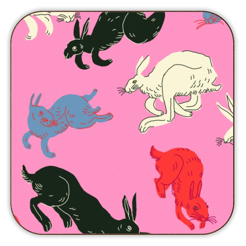 Rabbits (pink) - personalised beer coaster by Ezra W. Smith
