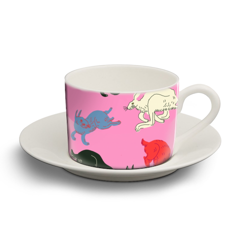 Rabbits (pink) - personalised cup and saucer by Ezra W. Smith