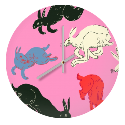 Rabbits (pink) - quirky wall clock by Ezra W. Smith