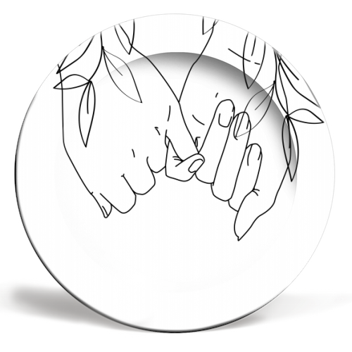 Pinky Promise Line Art with Leaves - ceramic dinner plate by Toni Scott