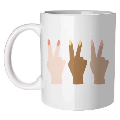 United Diversity Girl Power Peace Signs with Nail Polish - unique mug by Toni Scott