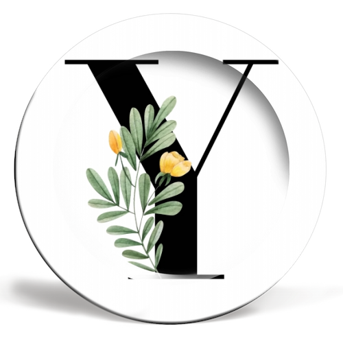 Y Floral Letter Initial - ceramic dinner plate by Toni Scott