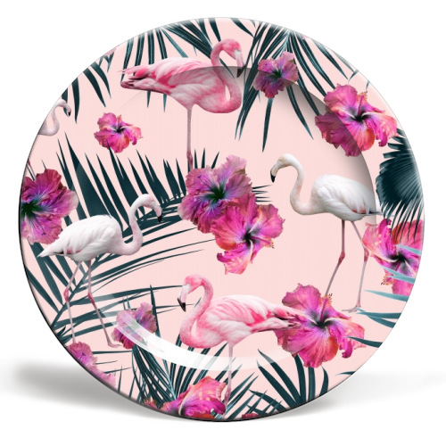 Flamingo Hibiscus Jungle Siesta #2 #tropical #decor #art - ceramic dinner plate by Anita Bella Jantz