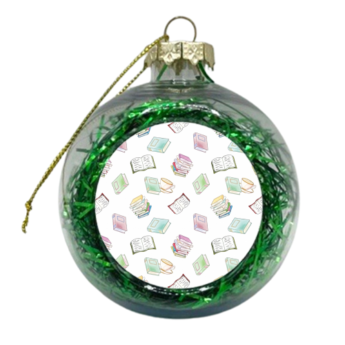 Book Nerd! Watercolor Pattern Illustration of Books & Tea - colourful christmas bauble by A Rose Cast - Karen Murray