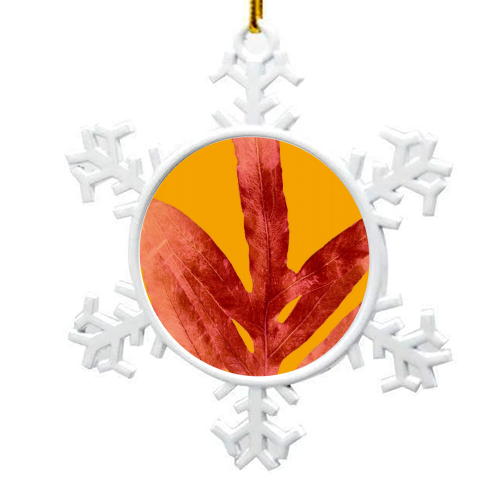 Green Fern on Red On Fire - snowflake decoration by Alicia Noelle Jones
