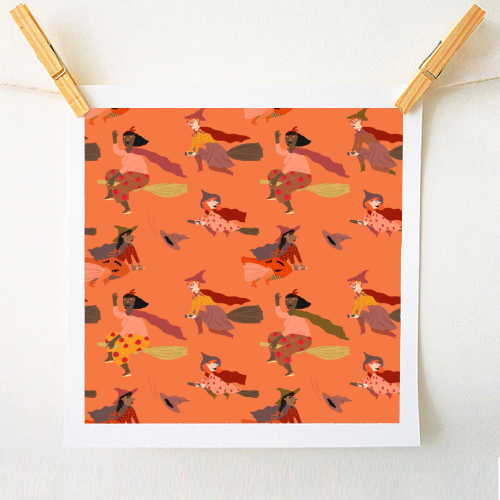 Tiny witches (orange version) - A1 - A4 art print by Ezra W. Smith