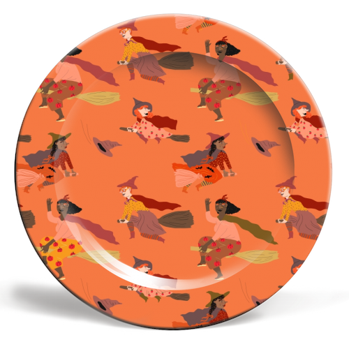 Tiny witches (orange version) - ceramic dinner plate by Ezra W. Smith