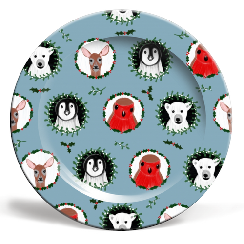 Mistletoe Animals - ceramic dinner plate by Sarah Leeves