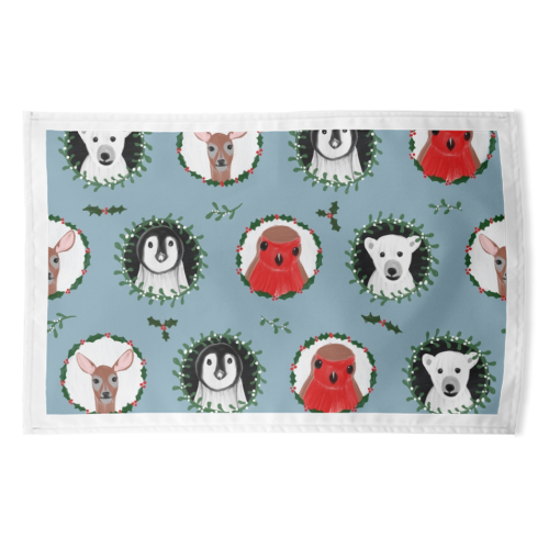 Mistletoe Animals - funny tea towel by Sarah Leeves