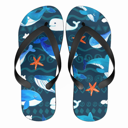 whales pattern - funny flip flops by haris kavalla