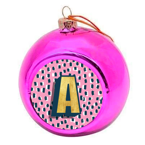 Pink Polka Dot Monogram A - colourful christmas bauble by Nichola Cowdery
