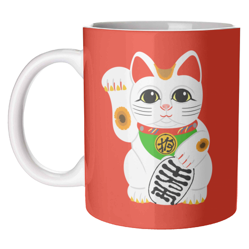 Lucky Chinese Waving Cat ( Red Version ) - unique mug by Adam Regester