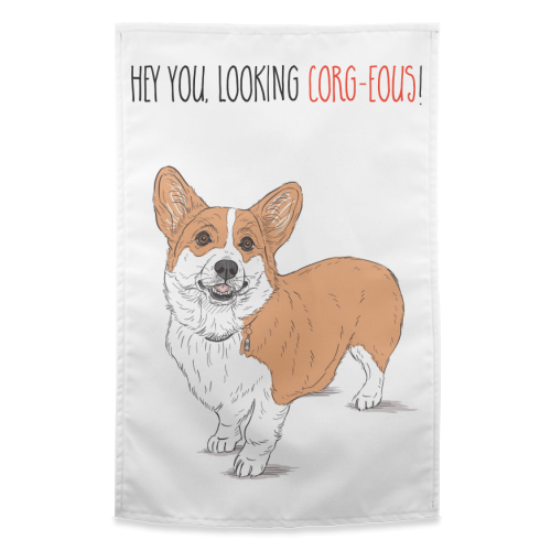 Corg-eous Corgi Dog - funny tea towel by Adam Regester