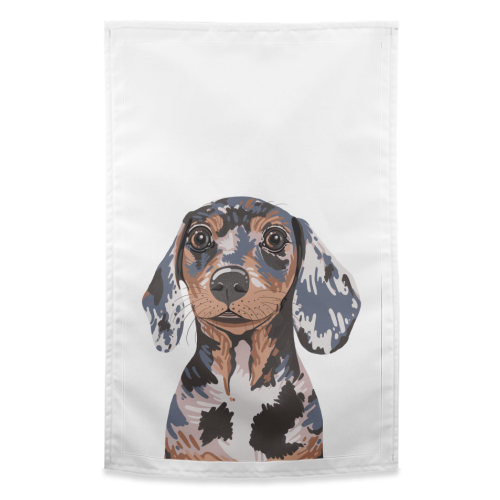 Dappled Dachshund Puppy Illustration - funny tea towel by Adam Regester