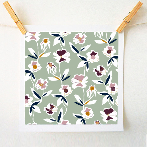 Green Floral All Over Pattern - A1 - A4 art print by Dizzywonders
