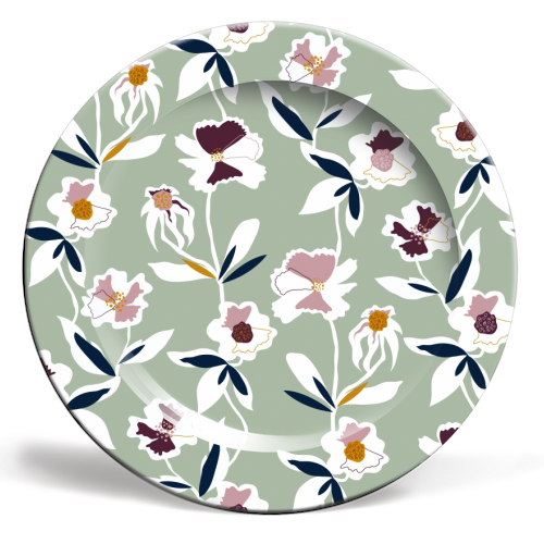 Green Floral All Over Pattern - ceramic dinner plate by Dizzywonders