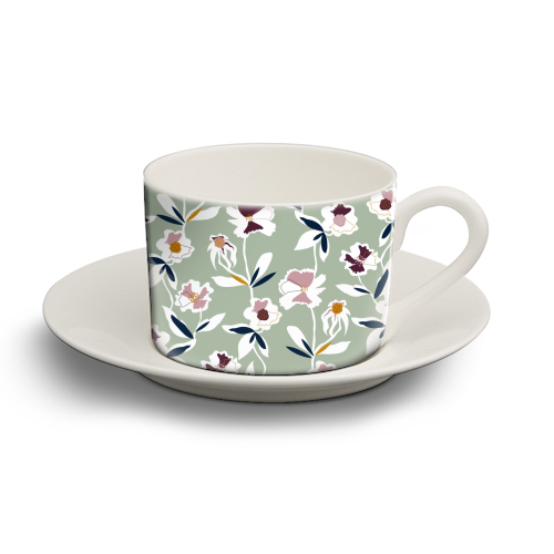 Green Floral All Over Pattern - personalised cup and saucer by Dizzywonders