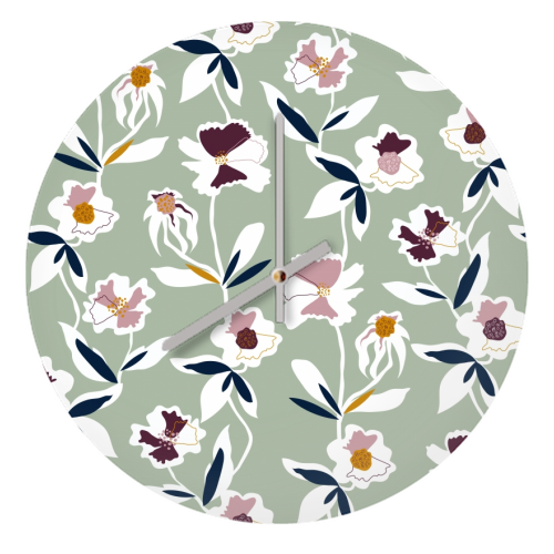 Green Floral All Over Pattern - quirky wall clock by Dizzywonders