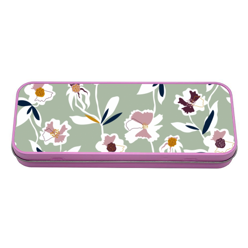 Green Floral All Over Pattern - tin pencil case by Dizzywonders