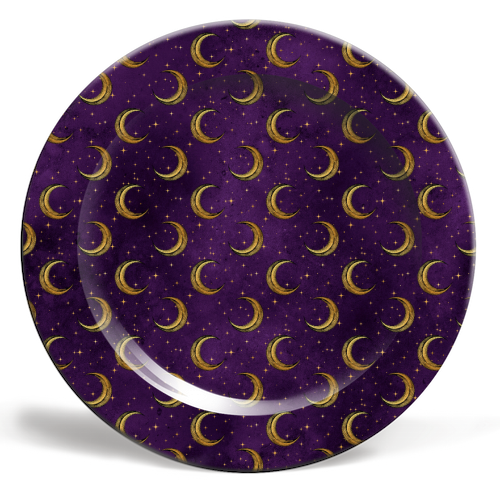 purple sky with gold moons - ceramic dinner plate by Anastasios Konstantinidis