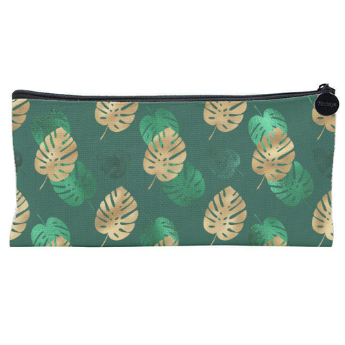 green and gold leaves pattern - flat pencil case by Anastasios Konstantinidis