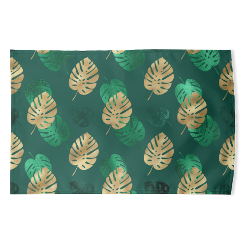 green and gold leaves pattern - funny tea towel by Anastasios Konstantinidis
