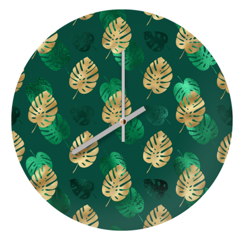 green and gold leaves pattern - quirky wall clock by Anastasios Konstantinidis