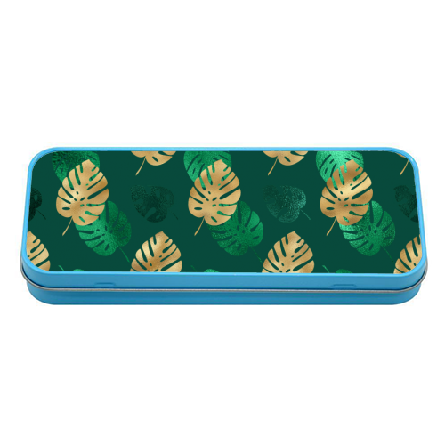 green and gold leaves pattern - tin pencil case by Anastasios Konstantinidis
