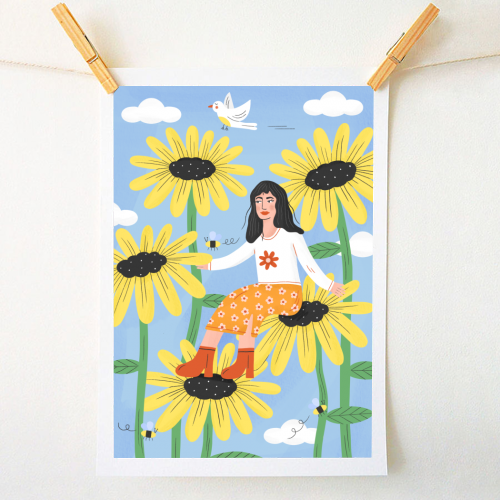 Cute sunflower girl - A1 - A4 art print by Katie Brookes