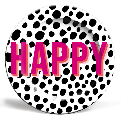 Happy Pink Polka Dot Typography Print - ceramic dinner plate by Emily @KindofSimpleDesigns