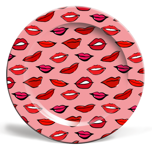 Red and Pink Lippy Pattern In Pink - ceramic dinner plate by Bec Broomhall