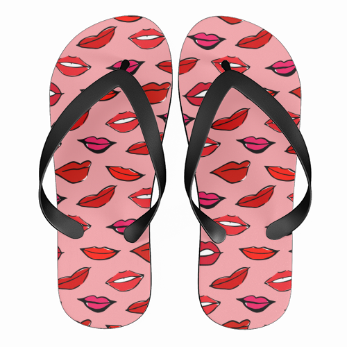 Red and Pink Lippy Pattern In Pink - funny flip flops by Bec Broomhall