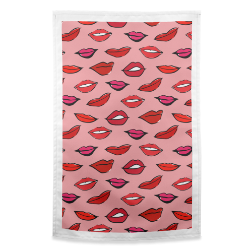 Red and Pink Lippy Pattern In Pink - funny tea towel by Bec Broomhall
