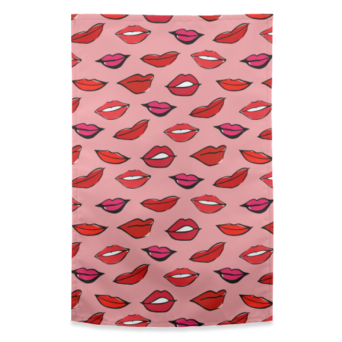 Red and Pink Lippy Pattern In Pink - funny tea towel by Bec Broomhall